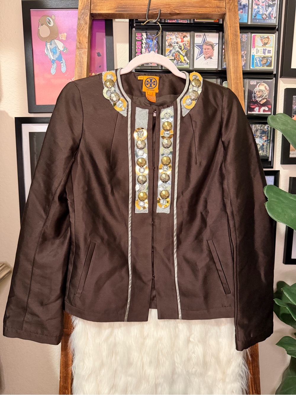 Tory Burch Brown Jacket with Gold Embellished Collar